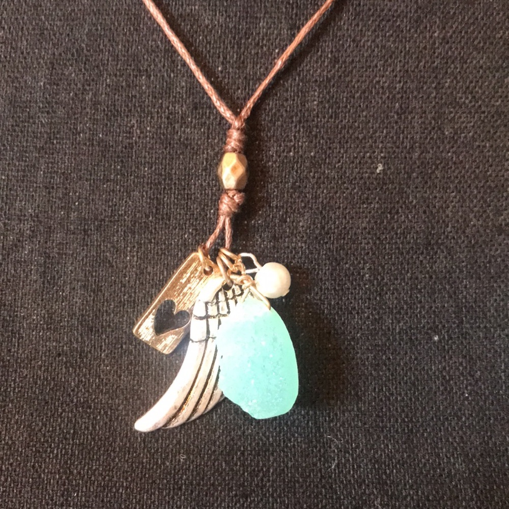 Boho 4 charm necklace blue stone angel wings pearl heart jewelry accessories